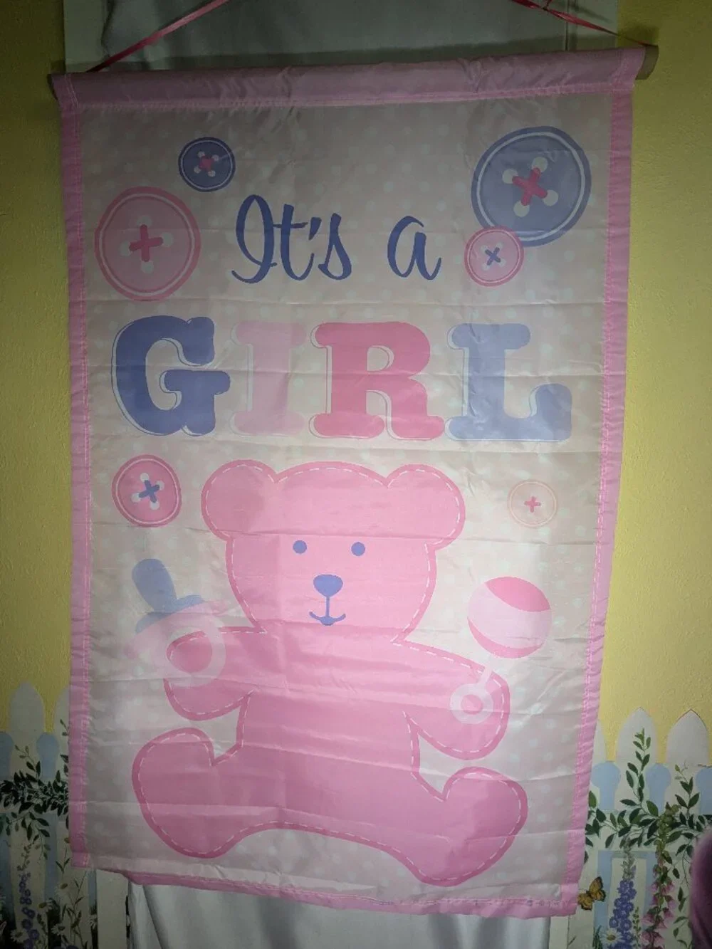 VTG It's A Girl Garden Flag Large Banner Pink Teddy Bear Polka Dot Baby Shower